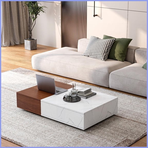 Space-Saving Walnut Coffee Table with Marble Veneer - 2 Storage Compartments, Sturdy for Living Room
