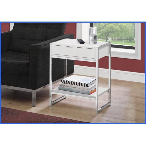 Space-Saving White Glossy Coffee Table with Chrome Metal Base & Storage Drawer for Living Room