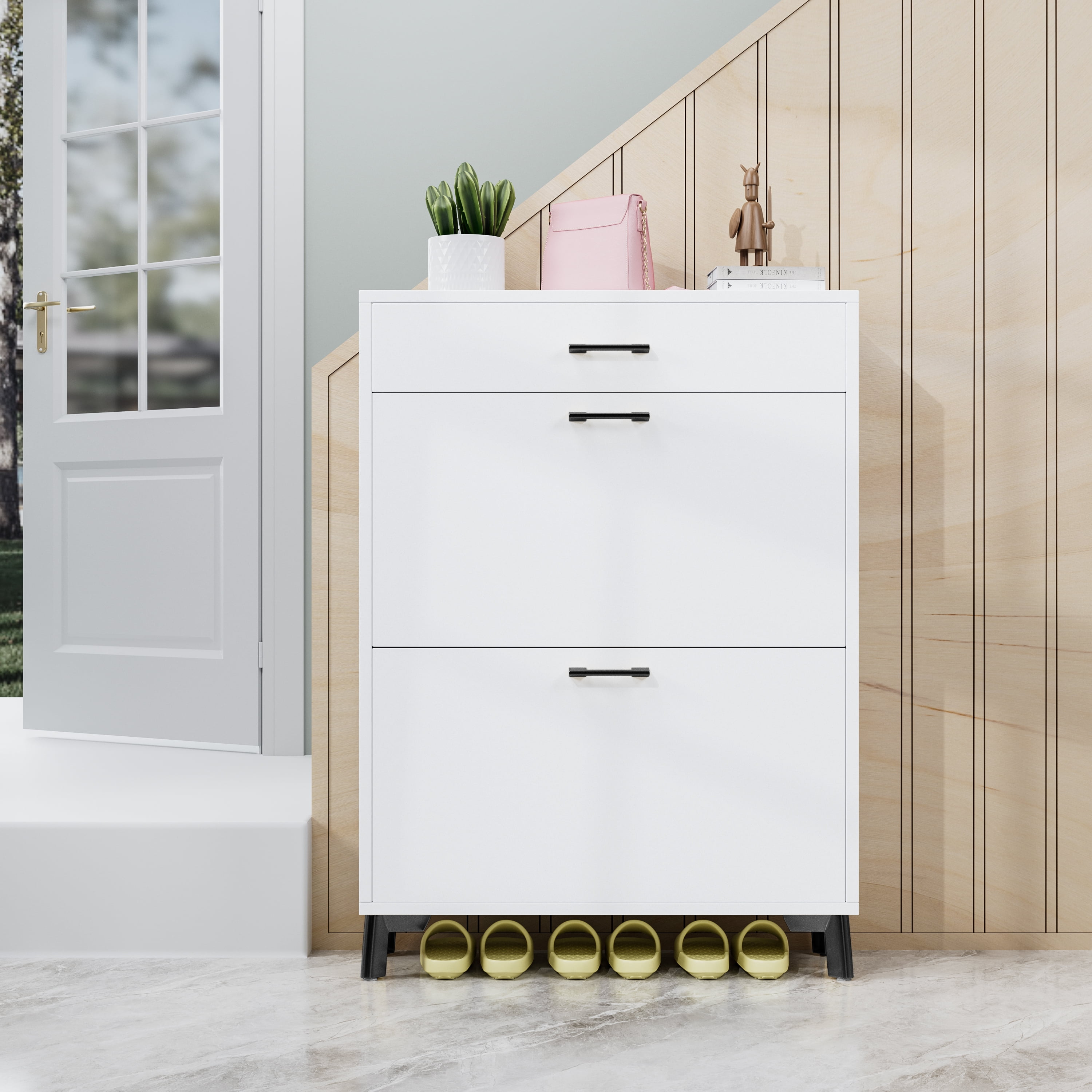 Qhou, Space Saving White Shoe Storage Cabinet with 2 Flip Drawers, Sturdy MDF & Metal Construction Space Saving, White - Easy to Assemble