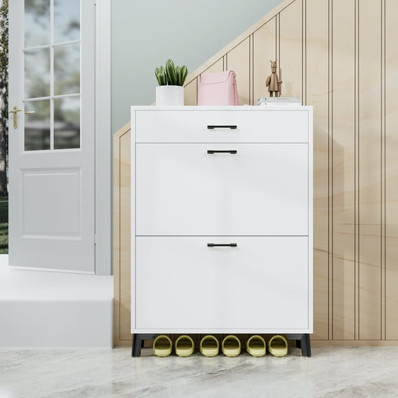 Space Saving White Shoe Storage Cabinet with 2 Flip Drawers, Ample Storage, Sturdy MDF & Metal Construction Space Saving, White - Easy to Assemble, Shoe Storage Cabinet for Doorway Hallway Entryway