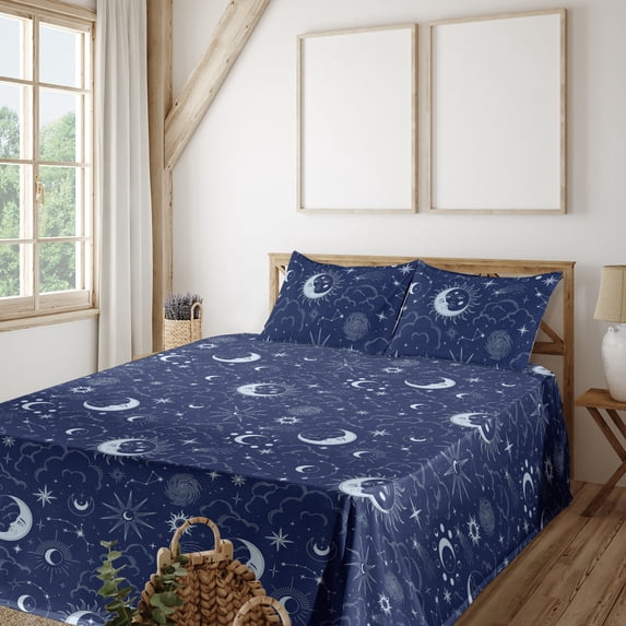 Ambesonne Space Fitted & Flat Sheet with Sham 3 Pcs Set, Esoterism Sun Moon Pattern, Twin XL, Indigo and Soft Blue