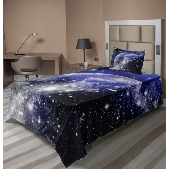 Ambesonne Galaxy Fitted & Top Sheet Set with Sham, Nebula Galaxy Scenery, Blue Navy White