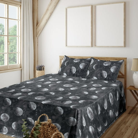 Ambesonne Space Fitted & Flat Sheet with Shams 4 Pcs Set, Night Realistic Look Moon Art, Queen, Charcoal Grey and Ivory
