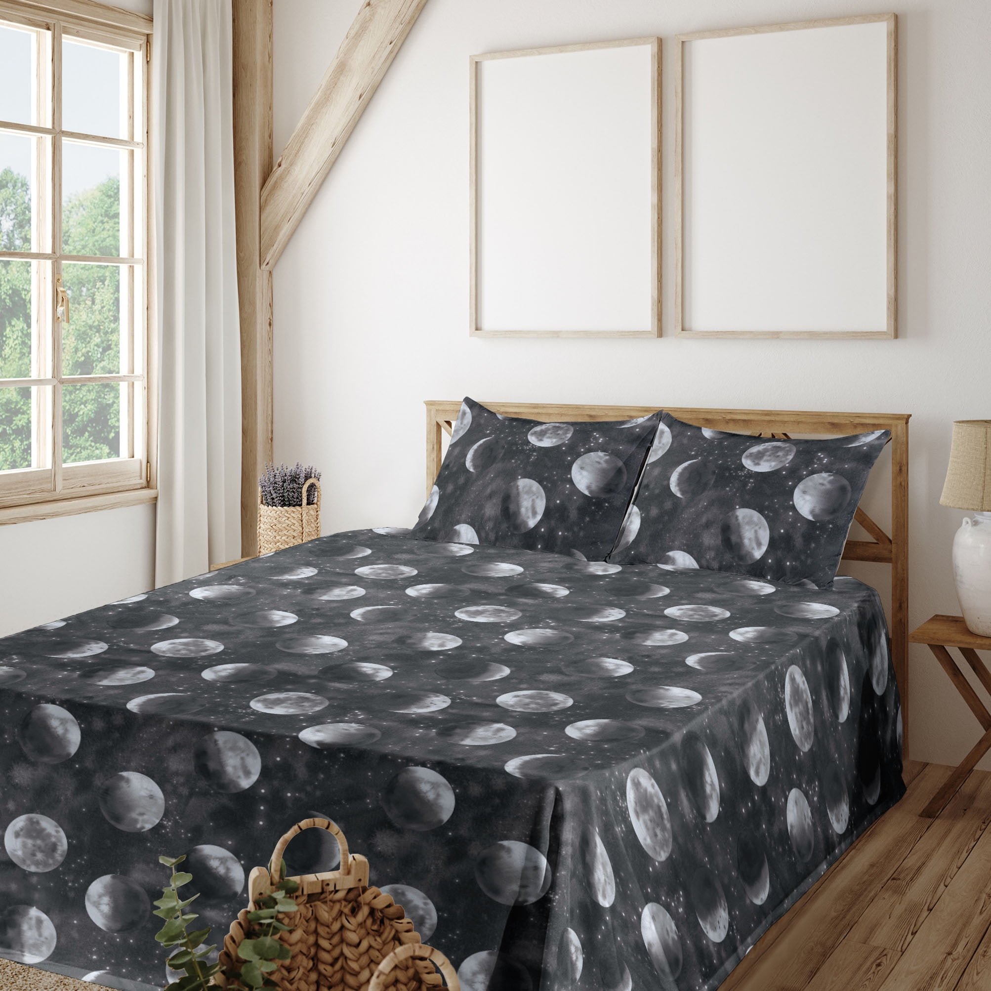 Space Sheet Set, Night Theme Realistic Looking Moon Sketch Pattern With