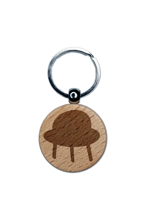 Space Ship UFO Solid Round Keychain Charm Tag - Engraved Wood