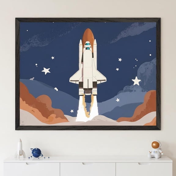 Space Shuttle Flat Graphic Style Wall Art Astronaut Room Decor Rocket Unframed Paper Print