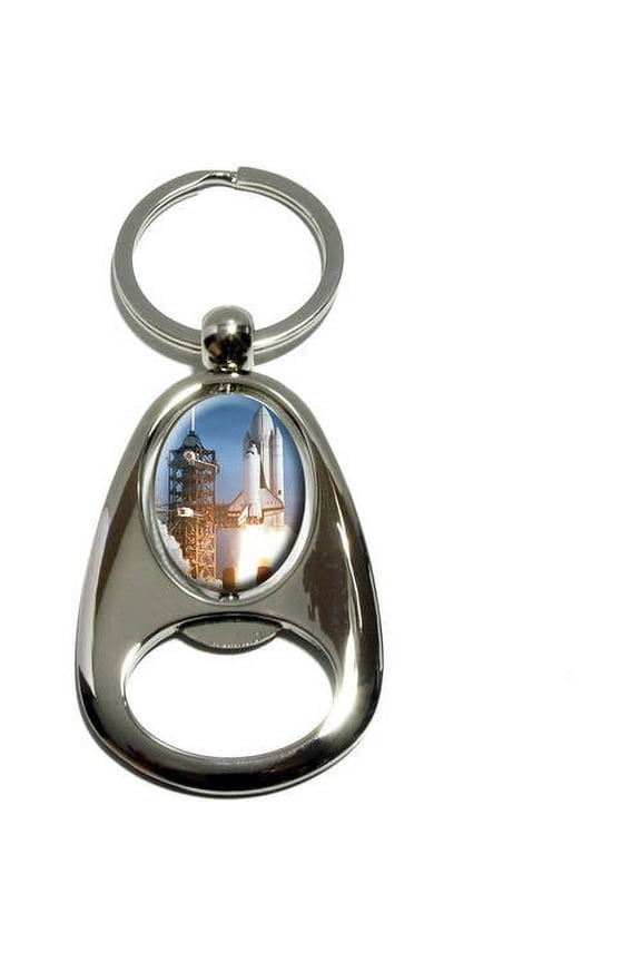 Space Shuttle Launch, Spaceship Columbia, Chrome Plated Metal Spinning Oval Design Bottle Opener Keychain Key Ring
