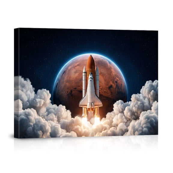 Space Shuttle Launch With Mars Planet Futuristic Outer Wall Art Print, Striking Science Inspired Theme For Bedroom And Study Room Decor