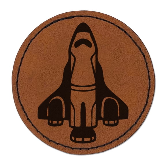 Space Shuttle Ship Rocket Science Round Iron-On Engraved Faux Leather Patch Applique - 2.5 Inch - Brown