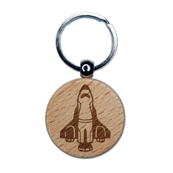 Space Shuttle Ship Rocket Science Round Keychain Charm Tag - Engraved Wood