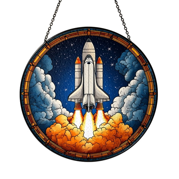 Space Shuttle Stained Glass Suncatcher, Window Hanging Decor Featuring Rocket Launching Into Blue Sky with Clouds