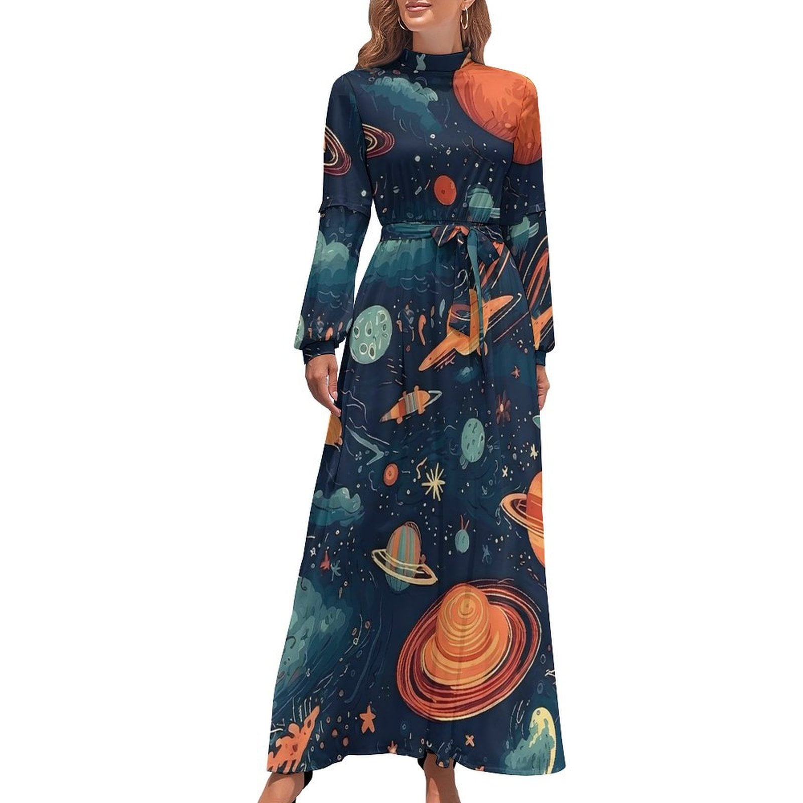 Space Sketch Dress Cute Planets Stars Elegant Custom Maxi Dress High Waist Long Sleeve Street Wear B Walmart