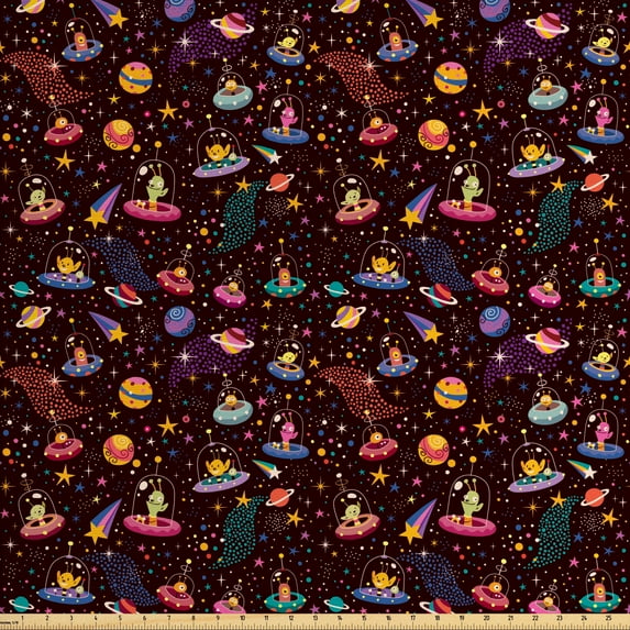 Ambesonne Space Fabric by the Yard Upholstery, Alien Planets and UFOs, 2 Yards, Multicolor