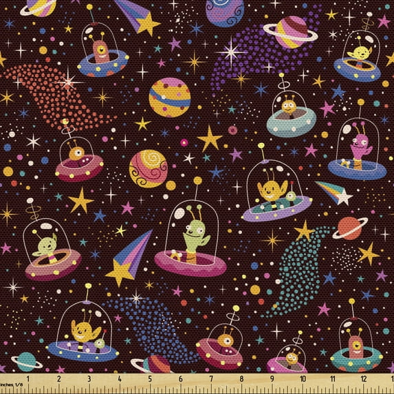 Ambesonne Space Fabric by the Yard Upholstery, Alien Planets and UFOs, 1 Yard, Multicolor
