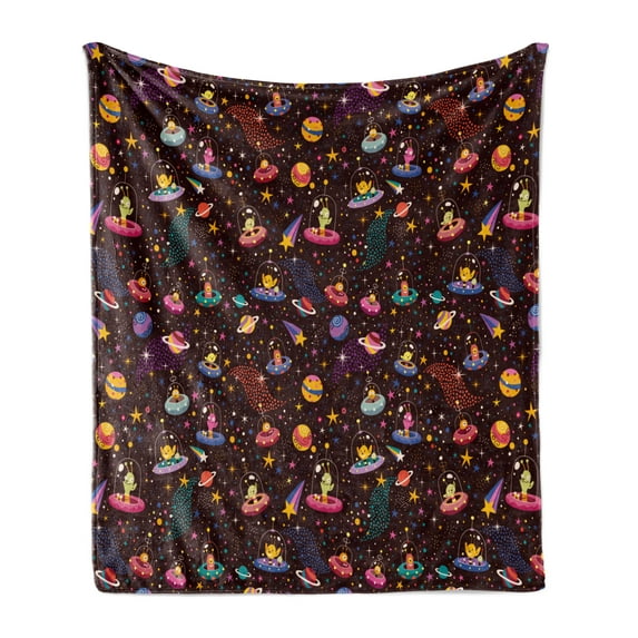 Space Soft Flannel Fleece Blanket, Cosmos Design with Shooting Stars and Colorful Polka Dots Alien Spacecrafts Cartoon, Cozy Plush for Indoor and Outdoor Use, 50" x 70", Multicolor, by Ambesonne