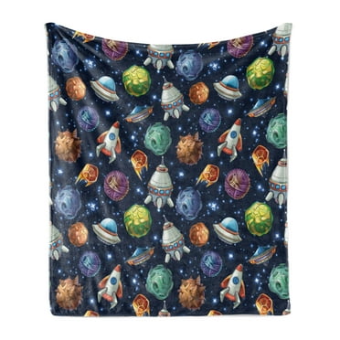 Space Soft Flannel Fleece Blanket, Futuristic Science Fiction Comic Planet Spaceships Androids Rockets Ufo Illustration, Cozy Plush for Indoor and Outdoor Use, 60" x 80", Multicolor, by Ambesonne