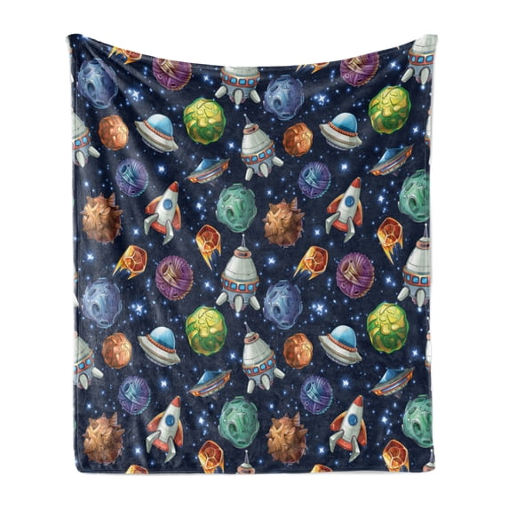 Space Soft Flannel Fleece Blanket, Futuristic Science Fiction Comic Planet Spaceships Androids Rockets Ufo Illustration, Cozy Plush for Indoor and Outdoor Use, 70" x 90", Multicolor, by Ambesonne