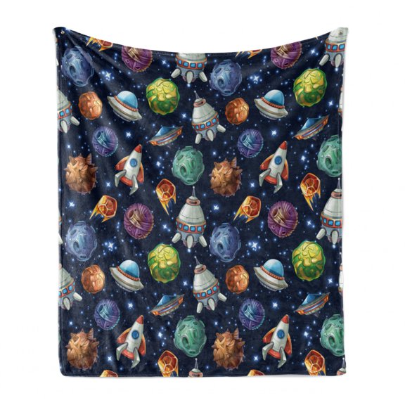 Space Soft Flannel Fleece Blanket, Futuristic Science Fiction Comic Planet Spaceships Androids Rockets Ufo Illustration, Cozy Plush for Indoor and Outdoor Use, 50" x 60", Multicolor, by Ambesonne