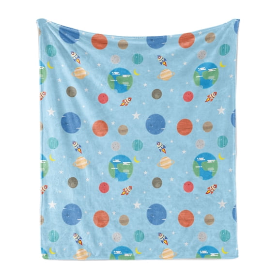Space Soft Flannel Fleece Blanket, Illustration of Colorful Space Elements Planets Cosmic Galactic Theme, Cozy Plush for Indoor and Outdoor Use, 50" x 60", Pale Blue and Multicolor, by Ambesonne
