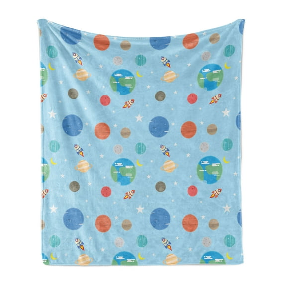 Space Soft Flannel Fleece Blanket, Illustration of Colorful Space Elements Planets Cosmic Galactic Theme, Cozy Plush for Indoor and Outdoor Use, 70" x 90", Pale Blue and Multicolor, by Ambesonne