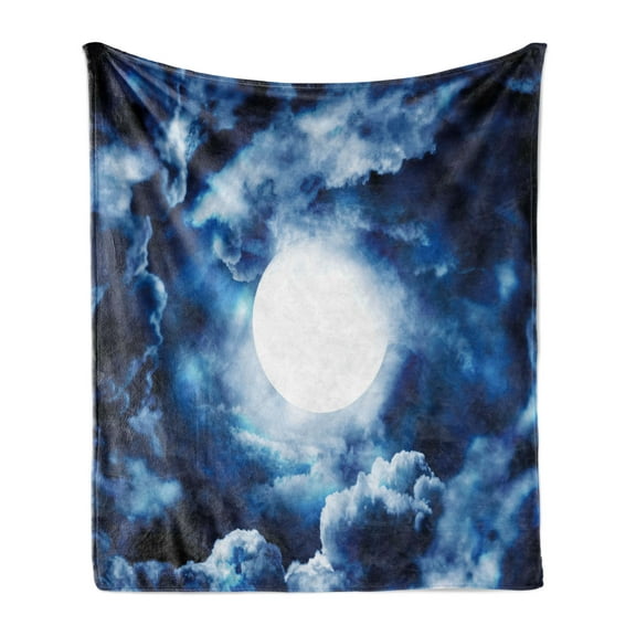 Space Soft Flannel Fleece Blanket, Moon on Sky Surrounded by Storm Clouds Lunar Magic Dark Twilight Dawn Foggy Hallows Image, Cozy Plush for Indoor and Outdoor Use, 50" x 60", Blue, by Ambesonne