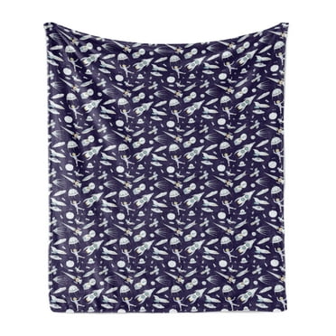 Space Soft Flannel Fleece Blanket, Planets Rockets Cosmonauts Shuttles Ufo Cosmic Adventure Digital Kids Nursery Theme, Cozy Plush for Indoor and Outdoor Use, 60" x 80", Indigo White, by Ambesonne