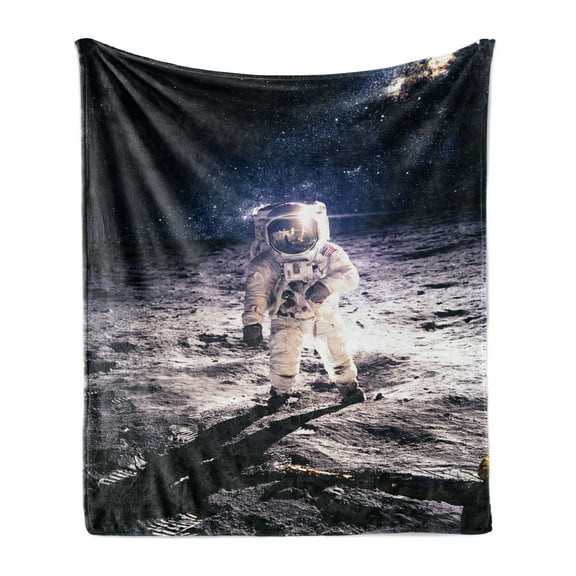 Space Soft Flannel Fleece Blanket, Spaceman on Moon Surface Orbit Science Exploring Expanding Horizons Picture, Cozy Plush for Indoor and Outdoor Use, 50" x 60", Dark Blue and White, by Ambesonne