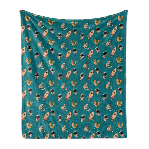 Space Soft Flannel Fleece Blanket, Surreal Universe with Foxes Cats Astronauts Rockets Floating Milky Way, Cozy Plush for Indoor and Outdoor Use, 60" x 80", Turquoise Beige Marigold, by Ambesonne