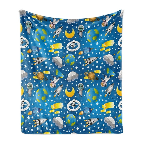 Space Soft Flannel Fleece Throw Blanket, Alien and Human Astronaut Space with Shooting Stars Moon and Earth Image, Cozy Plush for Indoor and Outdoor Use, 60" x 80", Blue Grey Yellow, by Ambesonne