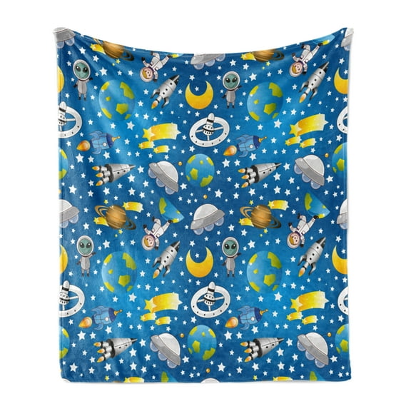 Space Soft Flannel Fleece Throw Blanket, Alien and Human Astronaut Space with Shooting Stars Moon and Earth Image, Cozy Plush for Indoor and Outdoor Use, 50" x 60", Blue Grey Yellow, by Ambesonne