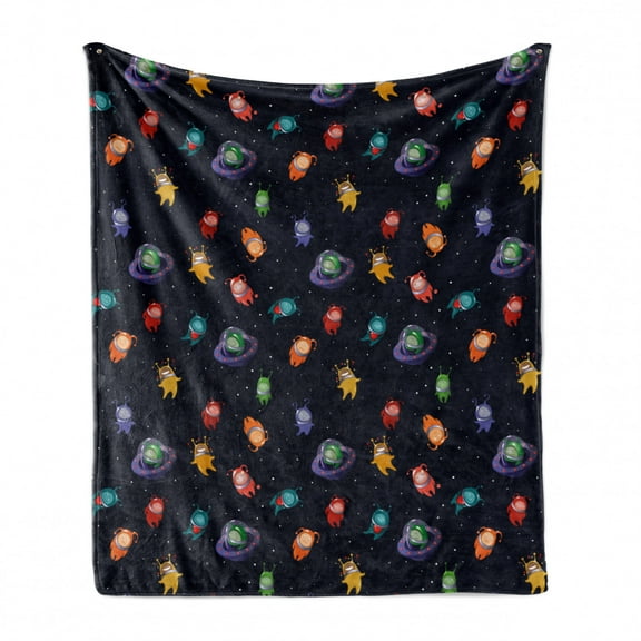 Space Soft Flannel Fleece Throw Blanket, Aliens with Various Expressions Happy Sad in Love in Spacecraft Dotted Background, Cozy Plush for Indoor and Outdoor Use, 50" x 70", Multicolor, by Ambesonne