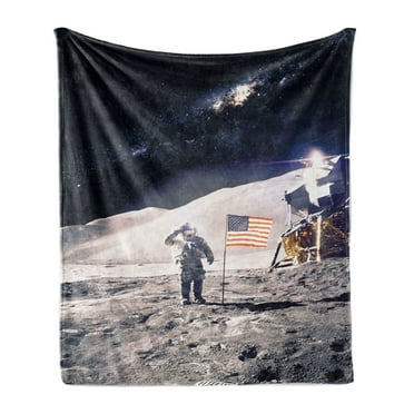Space Soft Flannel Fleece Throw Blanket, Astronaut on Moon with American Flag Invasion Rocket Cosmonaut Mission Photo Print, Cozy Plush for Indoor and Outdoor Use, 50" x 60", Taupe Blue, by Ambesonne