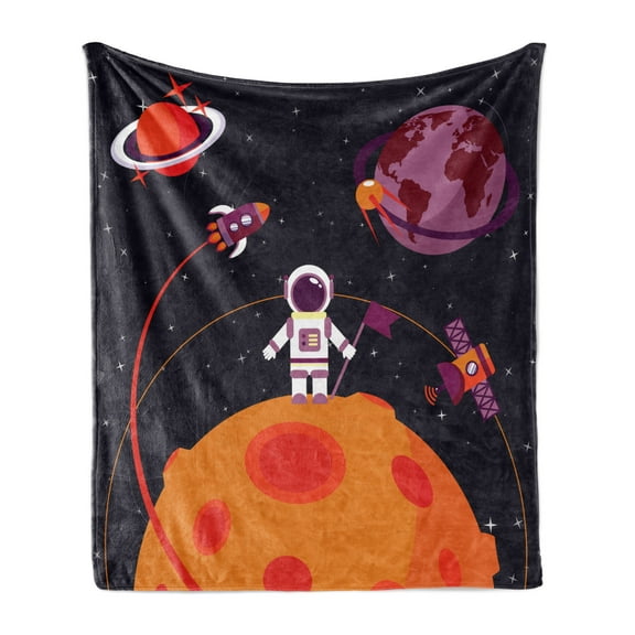 Space Soft Flannel Fleece Throw Blanket, Astronaut on the Moon and Rocket Satellites on Orbit Fun Journey Universe Cartoon, Cozy Plush for Indoor and Outdoor Use, 60" x 80", Multicolor, by Ambesonne
