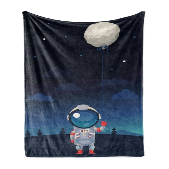 Space Soft Flannel Fleece Throw Blanket, Astronaut in Spacesuit Holding a Moon Shaped Balloon in His Hand Print, Cozy Plush for Indoor and Outdoor Use, 50" x 60", Indigo and Pale Grey, by Ambesonne