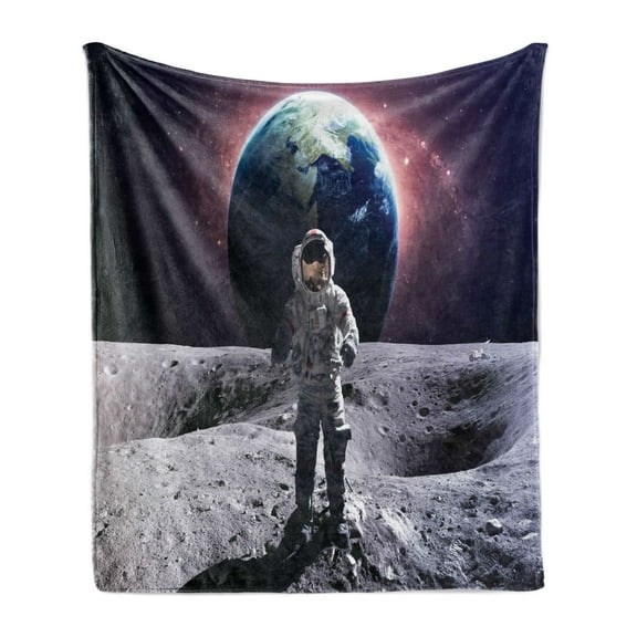 Space Soft Flannel Fleece Throw Blanket, Brave Astronaut at the Spacewalk on the Moon Surface with Earth Cosmos Art Image, Cozy Plush for Indoor and Outdoor Use, 50" x 60", Grey Magenta, by Ambesonne