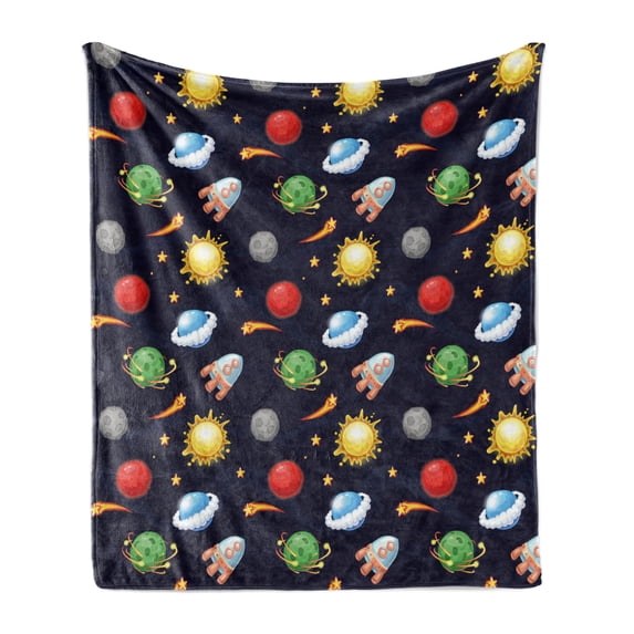 Space Soft Flannel Fleece Throw Blanket, Cartoon Style Cosmos Themed Illustration Sun with Stars Planets and Space Rocket, Cozy Plush for Indoor and Outdoor Use, 50" x 60", Multicolor, by Ambesonne