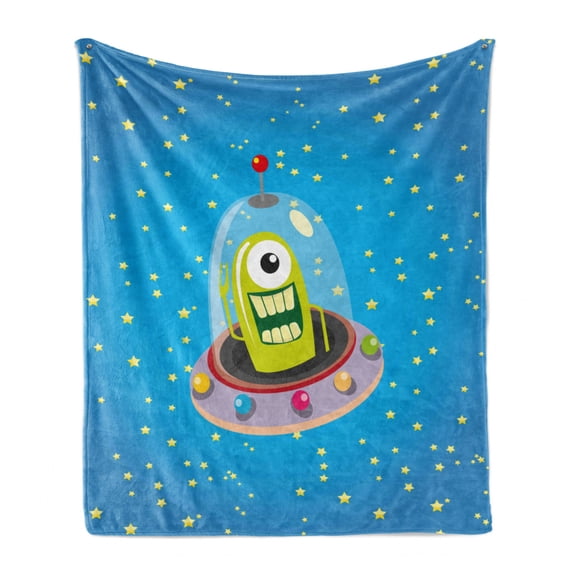 Space Soft Flannel Fleece Throw Blanket, Comic Ufo Alien in Outer Space with Stars Galaxy Journey Caricature Cartoon, Cozy Plush for Indoor and Outdoor Use, 50" x 60", Multicolor, by Ambesonne