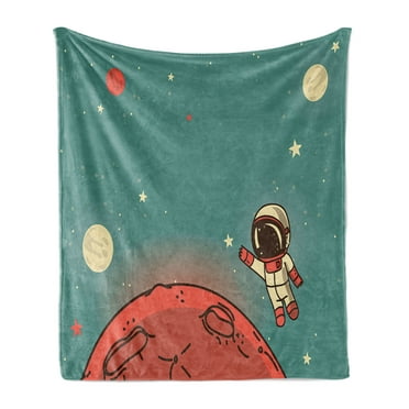 Space Soft Flannel Fleece Throw Blanket, Cosmic Background with Doodle Cosmonaut Floating Planetary Landscape, Cozy Plush for Indoor and Outdoor Use, 50" x 70", Coral Turquoise Ivory, by Ambesonne