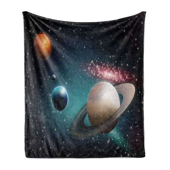 Space Soft Flannel Fleece Throw Blanket, Digitally Generated Planets Silhouettes Realistic and Planetary Astronomy Spheres, Cozy Plush for Indoor and Outdoor Use, 60" x 80", Multicolor, by Ambesonne