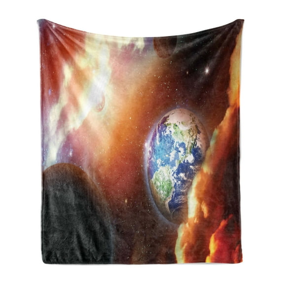 Space Soft Flannel Fleece Throw Blanket, Dust Cloud Nebula Stars in Solar System Scene with Planet Earth Pluto and Neptune, Cozy Plush for Indoor and Outdoor Use, 60" x 80", Orange Blue, by Ambesonne