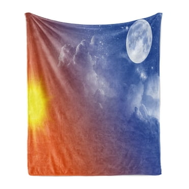Space Soft Flannel Fleece Throw Blanket, Full Moon Sun Clouds Cycle of the Galaxy Movement Macrocosm Heavenly Bodies, Cozy Plush for Indoor and Outdoor Use, 60" x 80", Orange Blue, by Ambesonne