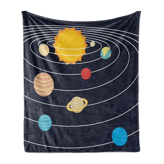 Space Soft Flannel Fleece Throw Blanket, Simplistic Solar System Concept with Circular Orbits in Cartoon, Cozy Plush for Indoor and Outdoor Use, 70" x 90", Multicolor, by Ambesonne
