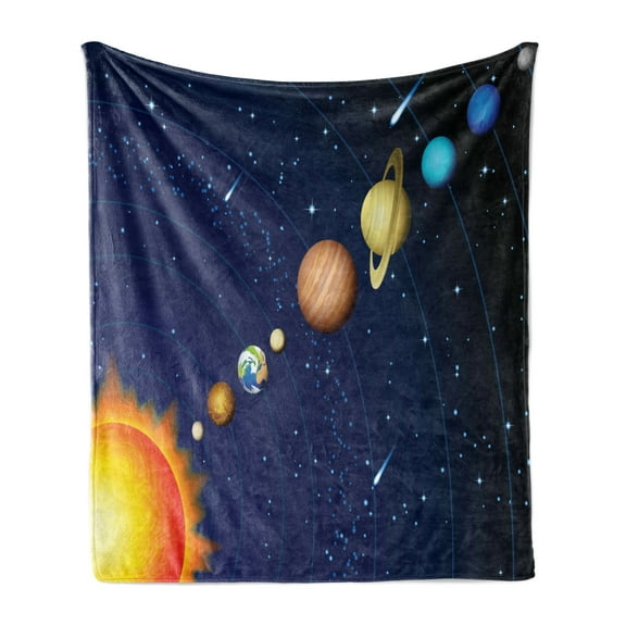 Space Soft Flannel Fleece Throw Blanket, Solar System Sun Uranus Venus Jupiter Mars Pluto Saturn Neptune Image, Cozy Plush for Indoor and Outdoor Use, 50" x 60", Dark Blue Orange, by Ambesonne