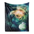 thumbnail image 1 of Space Soft Flannel Fleece Throw Blanket, Spiral Anromeda Galaxy with Planets Cosmos Fantasy Background Image, Cozy Plush for Indoor and Outdoor Use, 50" x 60", Teal Blue Yellow, by Ambesonne, 1 of 5