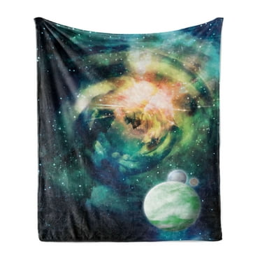 Space Soft Flannel Fleece Throw Blanket, Spiral Anromeda Galaxy with Planets Cosmos Fantasy Background Image, Cozy Plush for Indoor and Outdoor Use, 50" x 60", Teal Blue Yellow, by Ambesonne