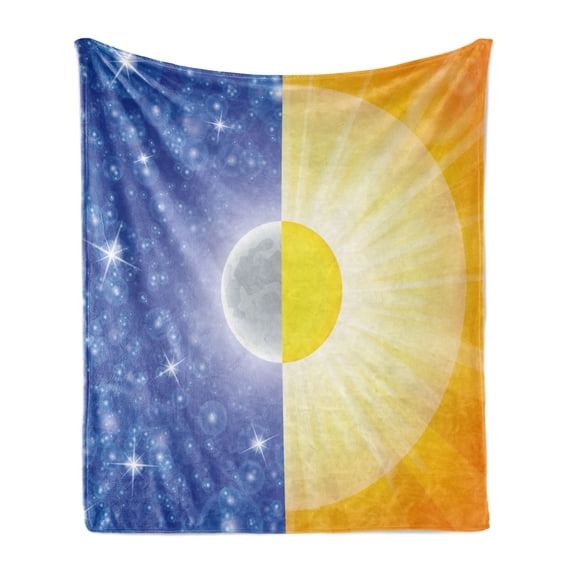 Space Soft Flannel Fleece Throw Blanket, Split Design with Stars in the Sky and Sun Beams Solar Balance Nature Image Print, Cozy Plush for Indoor and Outdoor Use, 60" x 80", Blue Yellow, by Ambesonne