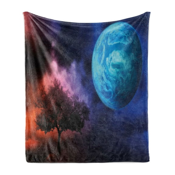 Space Soft Flannel Fleece Throw Blanket, Tree of Life Theme with Moon Mystery Futuristic Fantasy Mythical Picture, Cozy Plush for Indoor and Outdoor Use, 50" x 70", Pink and Blue, by Ambesonne