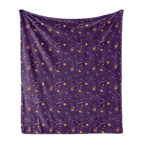 Space Soft Flannel Fleece Throw Blanket, UFOs Planets Stars Illustrations in Cartoon Style Spaceship Science, Cozy Plush for Indoor and Outdoor Use, 60" x 80", Dark Purple Multicolor, by Ambesonne