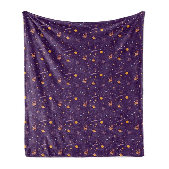Space Soft Flannel Fleece Throw Blanket, UFOs Planets Stars Illustrations in Cartoon Style Spaceship Science, Cozy Plush for Indoor and Outdoor Use, 70" x 90", Dark Purple Multicolor, by Ambesonne