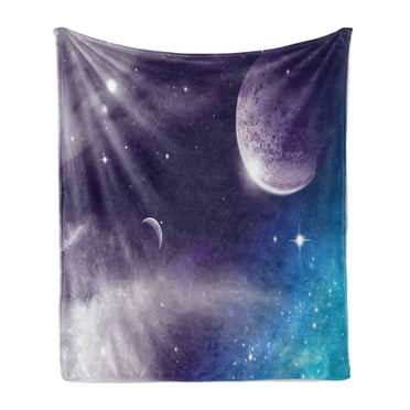 Space Soft Flannel Fleece Throw Blanket, Universe with Planet and Crescent Moon on Starry Night Sky Science Fiction Design, Cozy Plush for Indoor and Outdoor Use, 50" x 60", Blue Purple, by Ambesonne